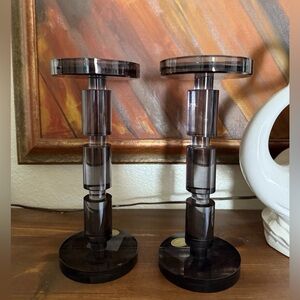 New smoked glass crystal high end French modern pair of candle holders 9”